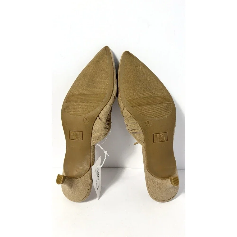 Time and Tru Pointed Toe Kitten Heel Mules with Bow Tan Size 7